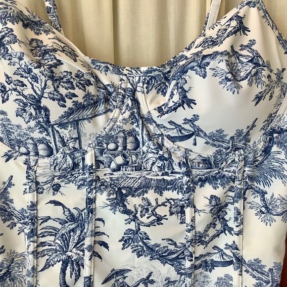 Tolie Corset One Piece Swimsuit Womens size L Blue White Country Scene - Picture 3 of 8
